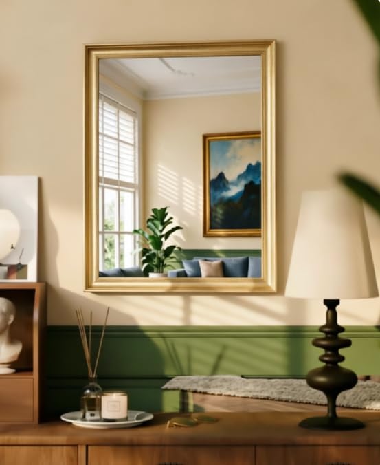 USHOWER Brushed Gold Bathroom Mirrors for Over Sink 24x36 Inch, Metal Framed Rectangle Vanity Mirror for Wall, Bedroom, Living Room, Entryway, Anti-Rust, HD Tempered Glass, Horizontal/Vertical