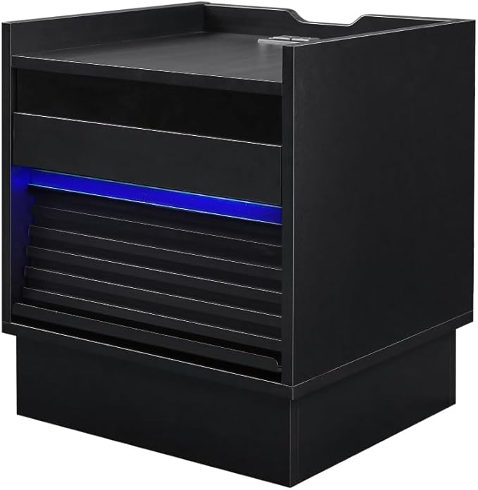 Mid Century Modern Nightstand with Charging Station LED Lights 2 Drawers Bedside Table for Bedroom Living Room (Black)