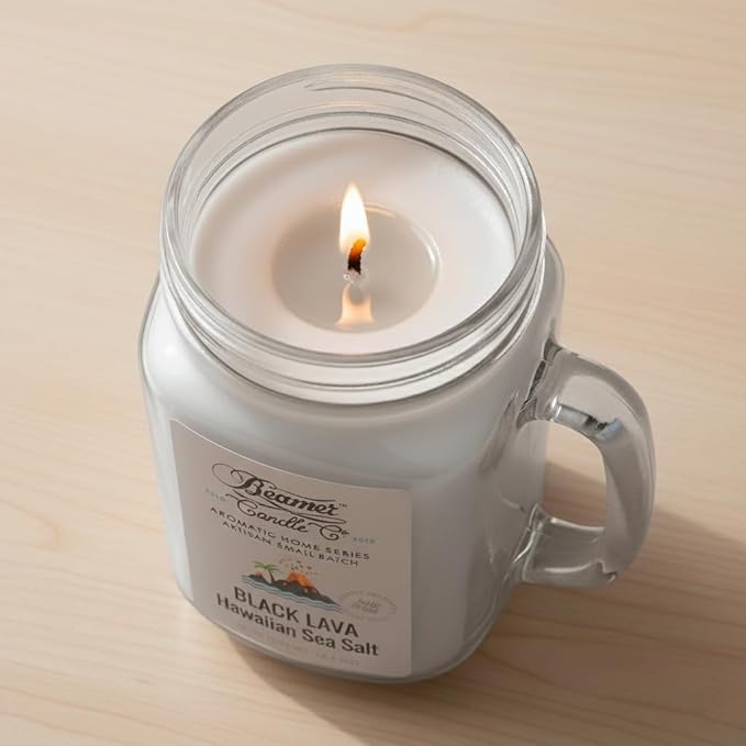 Black Lava Hawaiian Sea Salt – Strong Scent Candle with Sea Salt, Jasmine & Rosewater – 90 Hour Burn – 12oz Mason Jar – Made in USA – Beamer Candle Co.
