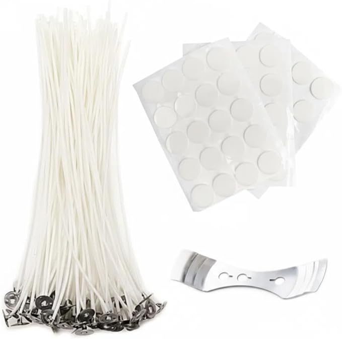 100pcs 6" Natural Cotton Candle Wicks & Stickers + 1 Wick Centering Device - Low Smoke, Natural Core for Candle Making & DIY Projects
