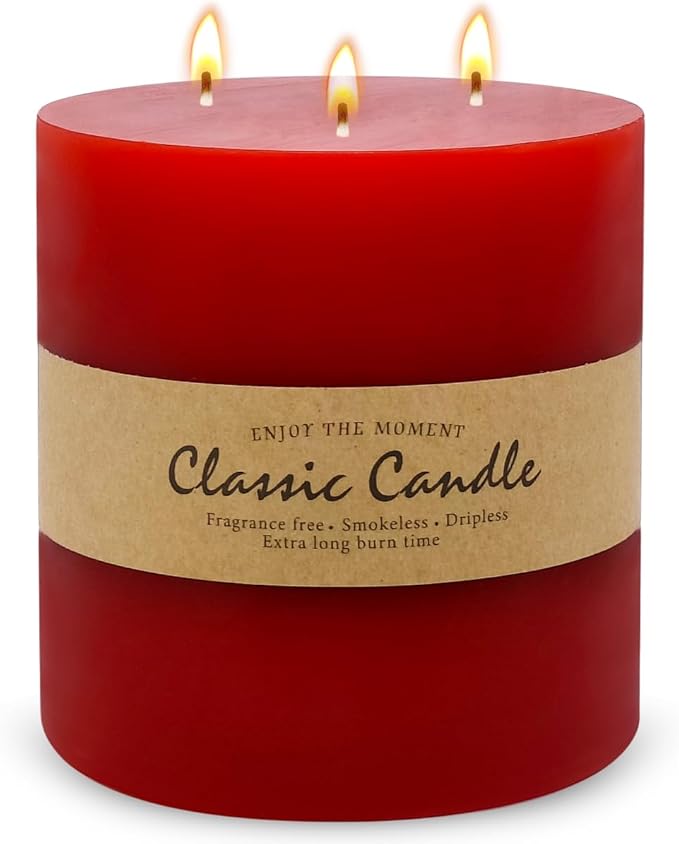 Large 3-Wick Red Pillar Candle - 6x6 Inch Dripless & Smokeless Unscented Fat Candle, 120 Hour Long Burning Hand-Poured Thick Candle with Cotton Wicks