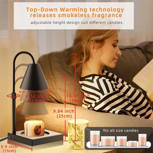 LALISU Candle Warmer Lamp, Stepless Dimming Candle Warmer Lamp with Timer & Dimmer Height Adjustable Compatible with Jars Scented Wax for Home Decor (Metal Base-Black)
