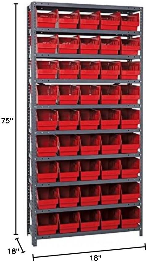 Quantum Storage Systems 1875-204RD Store More Steel Shelving Unit with 6" Shelf Bins, 18" D x 36" W x 75" H, Red