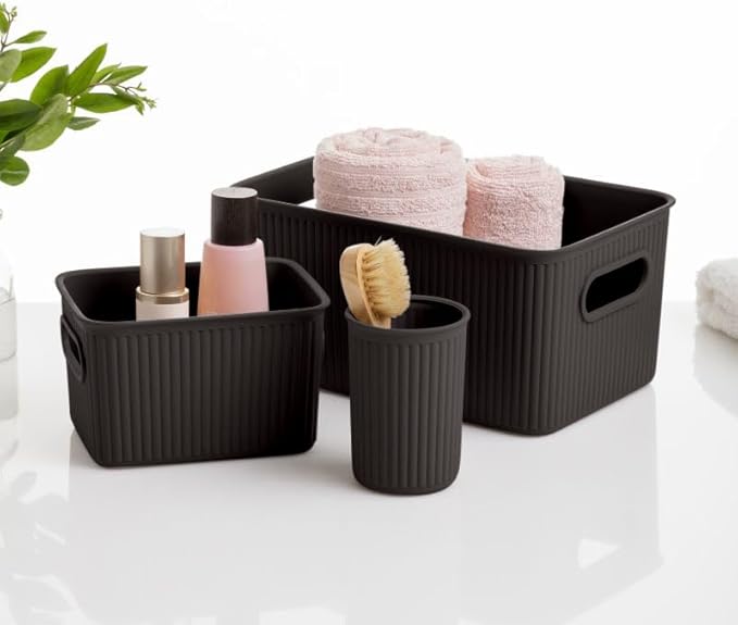 Superio Decorative Plastic Basket Open Home Storage Bins Organizer Baskets, Medium, Brown (8 Pack) Container Boxes for Organizing Closet Storage Bins for Shelves Drawer Shelf, 5 Liter