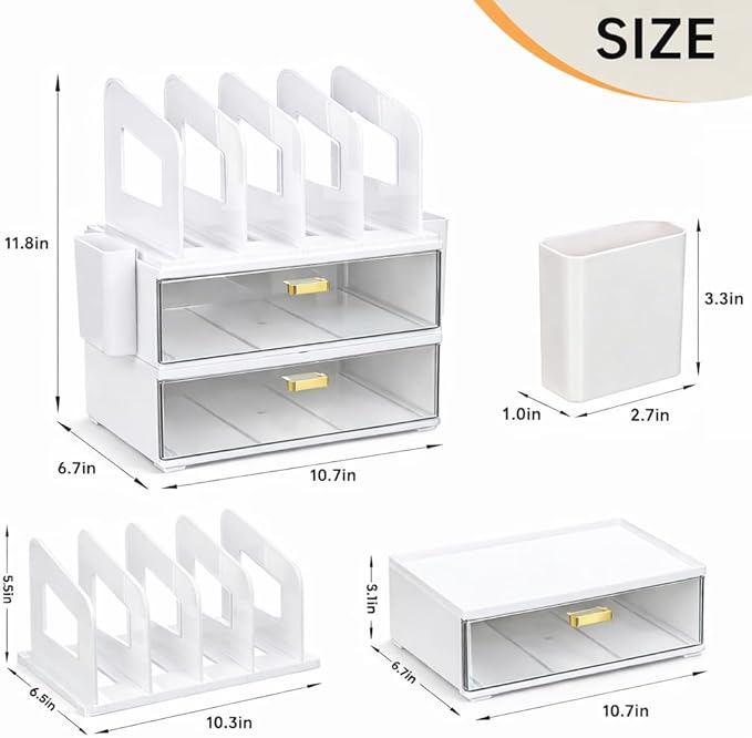 CiWiVOKi White Desk Organizer with 4 File Holder Slots, 2 Clear Drawers & Dual Pen Holders, Multi-Functional Office Supplies Desktop Storage for Home Office, Space-Saving Mail Sorter & Caddy