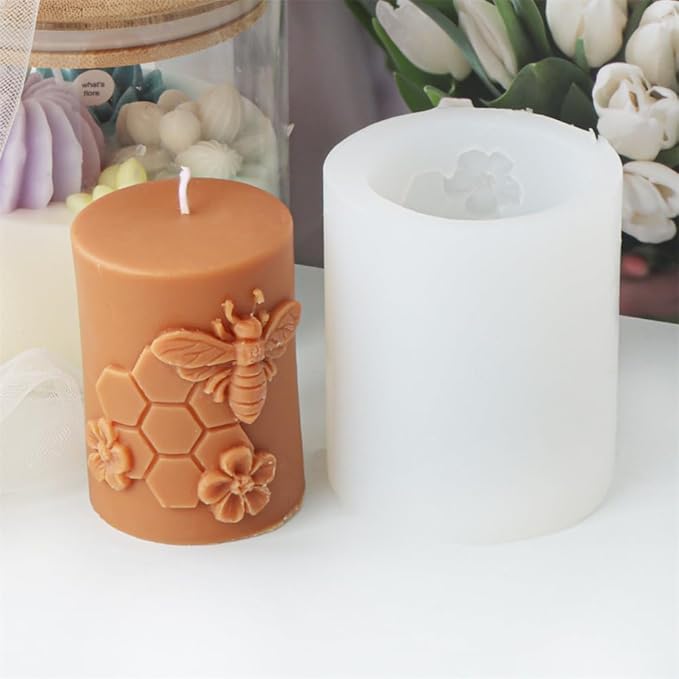 Bee Honeycomb Flower Cylinder Candle Mold, Honeybee Beehive Pillar Silicone Mold for Beeswax Candle, Soy Wax Candle, Plaster Ornament, DIY Crafts (A)
