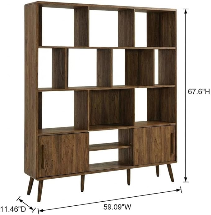 Furnifact Walnut Bookcase with Sliding Doors, 59-Inch Storage Shelf, Flexible Shelving, Modern Design, Durable, for Living Room or Office