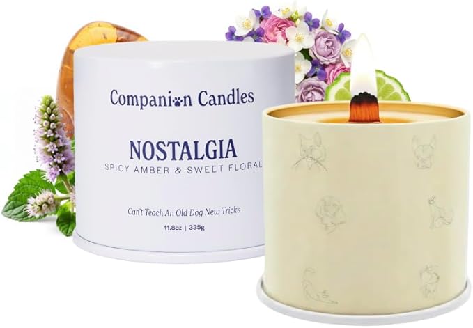 Companion Candles Nostalgia Pet-Friendly Scented Candle – Spicy Amber & Soft Floral Fragrance, Coconut Soy Wax with Wooden Wick, Approx. 50-Hour Burn Time, Made in USA, 11.8 oz
