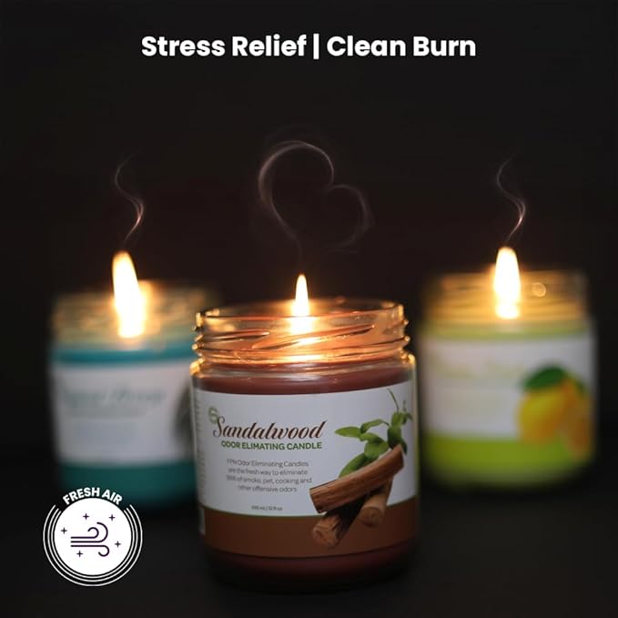 Odor Eliminating Candle Set (Sandalwood) - Pack of 2 (12oz) | 90-Hour Burn Time | Premium Soy Wax Candles | Eliminates 99% of Pet, Kitchen, & Smoke Odors | Eco-Friendly & Long-Lasting