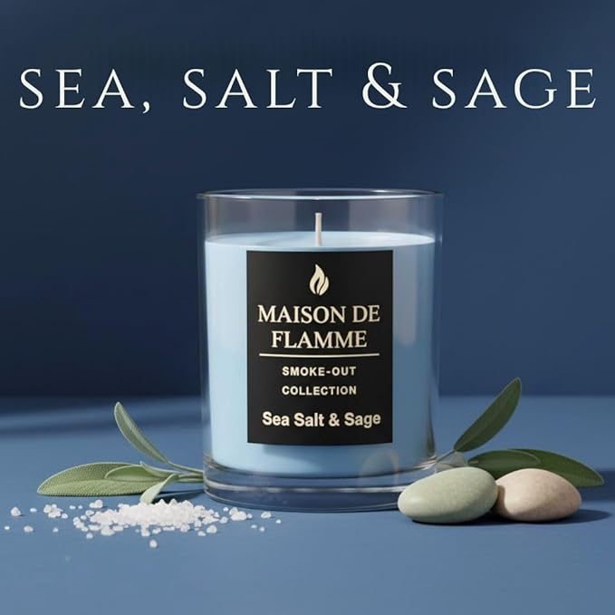 Smoke Odor Eliminating Candle – Sea Salt & Sage Soy Wax Candle for Kitchen, Apartment & Home Smells, Long Lasting Odor Neutralizing Scented Candle, 150g / 5.3 oz – Maison De Flamme