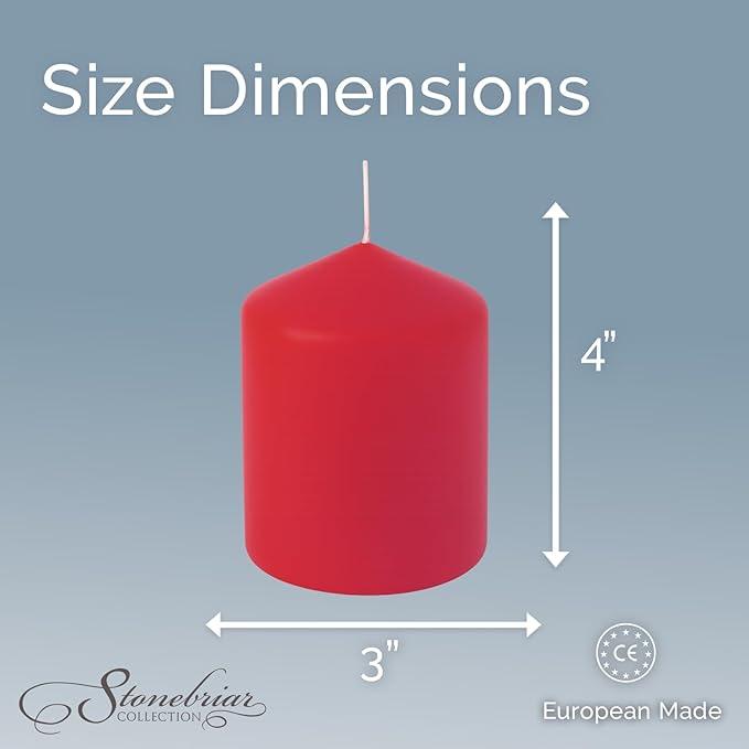 Stonebriar Unscented Pillar Candles – 35 Hour Burn Time, Long-Lasting Wax Candles for Weddings, Holidays, Home Décor & Special Events, Pack of 6, Red, 3" x 4"