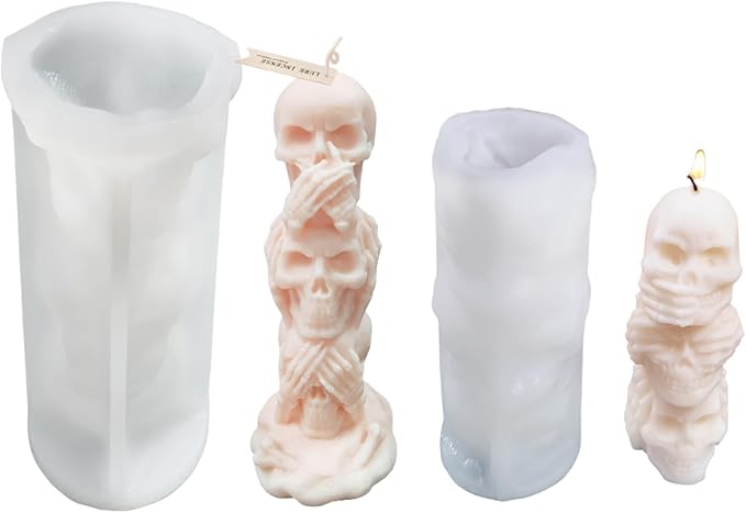 2Pcs 3D Skull Candle Silicone Mold，Skeleton Epoxy Resin Casting Mold, Horror Wax Candle Making Mould for Candle Handmade Halloween Wax Making Polymer Clay DIY Craft