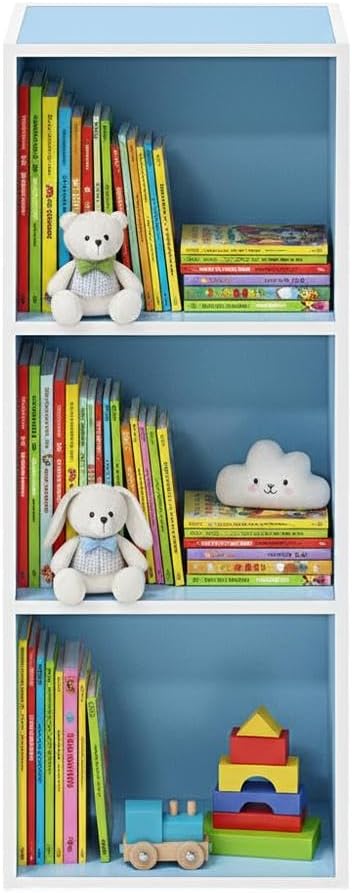 Furnifact White and Light Blue 3-Tier Open Shelf Bookcase, Modern Storage Organizer with Multiple Shelves, Durable Construction for Living Room and Office