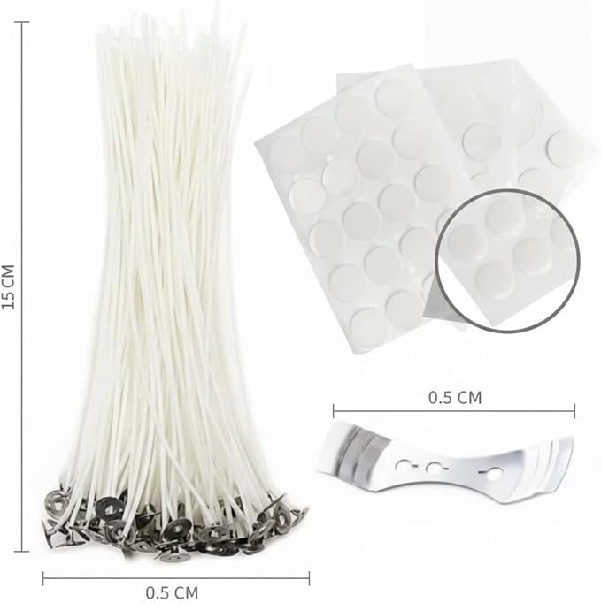 100pcs 6" Natural Cotton Candle Wicks & Stickers + 1 Wick Centering Device - Low Smoke, Natural Core for Candle Making & DIY Projects