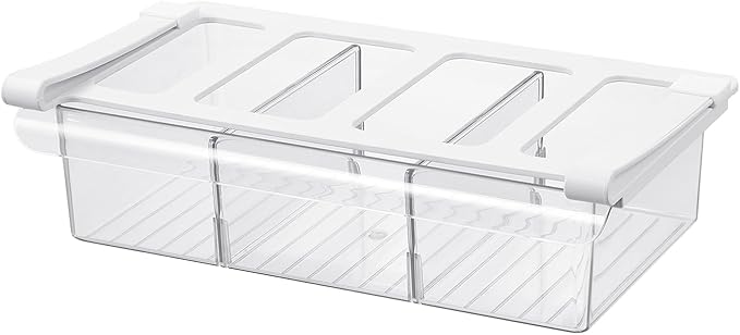 Pull-Out Fridge Drawer Organizer - Under Shelf Storage Bins for Refrigerator Organization for Fruits Vegetables, Cheese & Deli (3.35" Height x 12.7" Width + dividers)