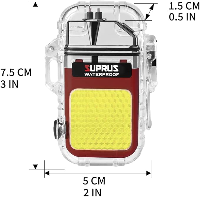 SUPRUS Waterproof 3 Modes of Flashlight Windproof Lighter Dual Arc Electric Rechargeable Dual Arc Plasma Lighter with Survival Emergency Whistle and Lanyard (Red)