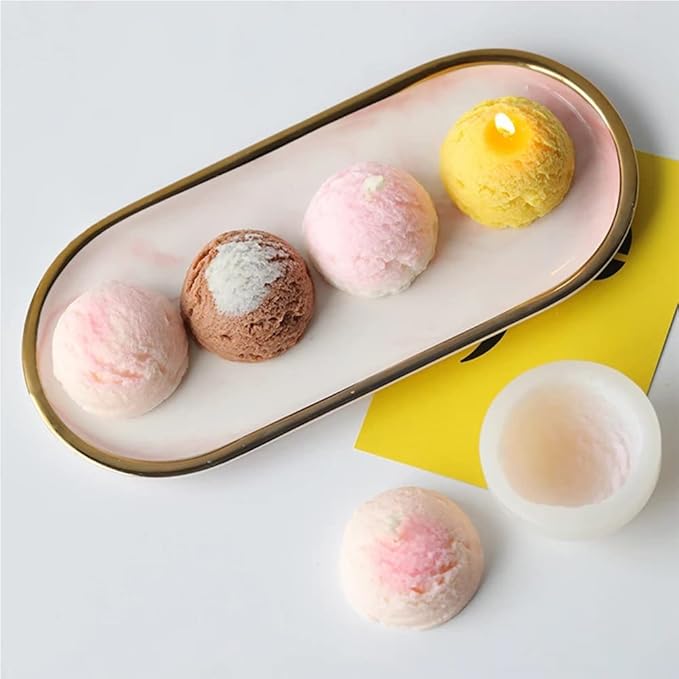 5 Pcs Candle Making Mold, 3D Ice Cream Ball Shape Candle Molds 2 Pcs with Chocolate Shape Molds, 3D Fruit Shape Silicone Fondant Mold for DIY Wax Candle, Soap, Cake Cupcake Topper Decoration