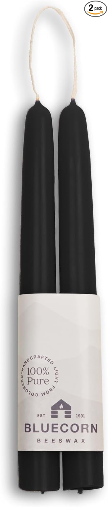 Bluecorn Beeswax Taper Candles, 100% Pure Natural Bees Wax, Pair of 8 Inch Black Tapered Candlesticks, Clean Burning & Dripless, Fragrance Free, Long Lasting, Home Decor, American Made, 1 Count