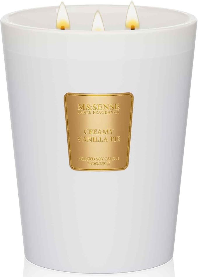 M&SENSE Creamy Vanilla Soy Large Candles, 3-Wick 35oz 150H Long Lasting, Aromatherapy Candle for Bedroom Stress Relief New Year Home Refresh