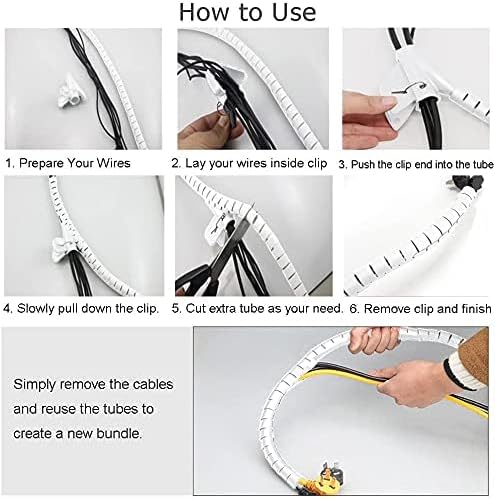 White PC Cable Sleeve Management, VIWIEU Desk Cord Organizer Cable Wrap Tubes 1PCS, 59" Plastic Cable Cover Bundler with Bonus Cable Clips and Electrical Zip Ties for TV Laptop Home Entertainment