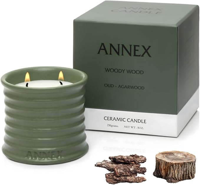 Annex Oud and Agarwood Luxury Scented Candle - 8oz Handmade Ceramic Jar Candle - 50hr Clean Burn, 100% Non-Toxic Soy Wax, Aesthetic Home Decor Winter Gift for Men and Women - Sandalwood & Amber
