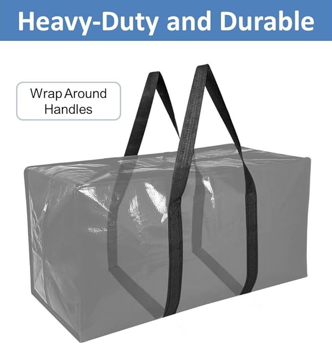 6 Pack Extra Large Moving Bags with Reinforced Handles, Heavy-Duty Storage Tote for Dorm Room Essentials with Strong Zipper,Packing Moving Boxes for College Supplies,Black