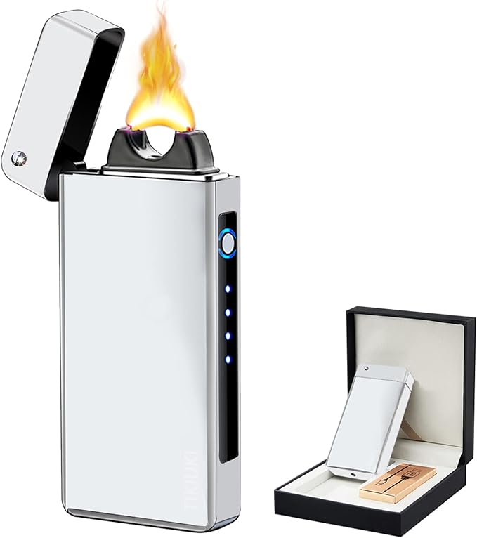 Plasma Lighter Rechargeable, Windproof USB Lighters Arc Cool Lighter with Projection Stone, Visual Battery Auto-Off, Vintage Custom Lighters Design for Outdoor Camping Candle Gift（Silver）