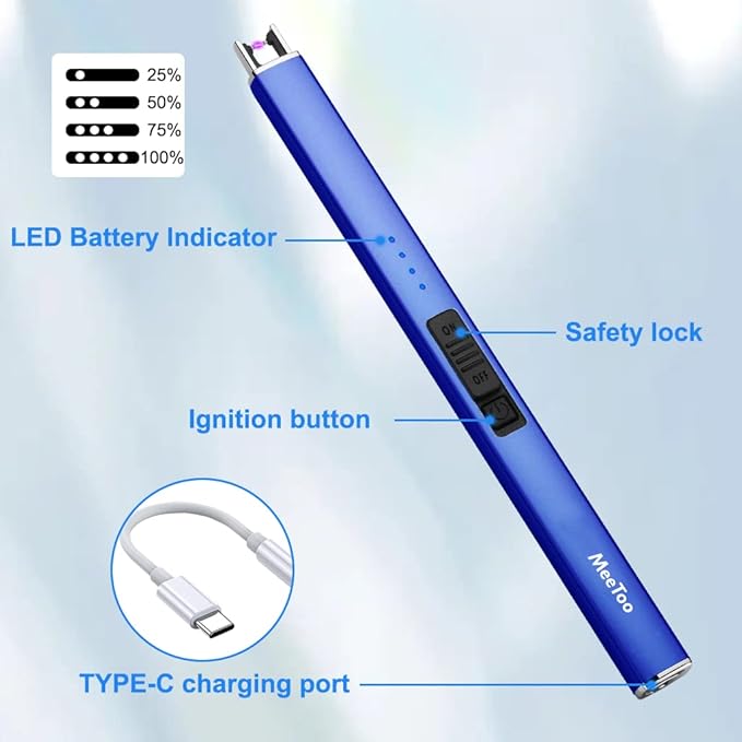 MeeToo Electric Candle Lighter Rechargeable Type-C - Gifts for Wife Men Women Nana, USB Plasma Arc Windproof Lighters for Candle Christmas Camping Kitchen Dark Blue