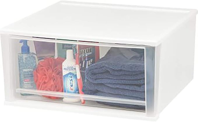 IRIS USA 7 Qt. Small Plastic Stacking Drawer, Stackable Storage Organizer Unit with Sliding Drawer for Bedroom Kitchen Under Sink Pantry Craft Room Dorm Office, White, 4-Pack