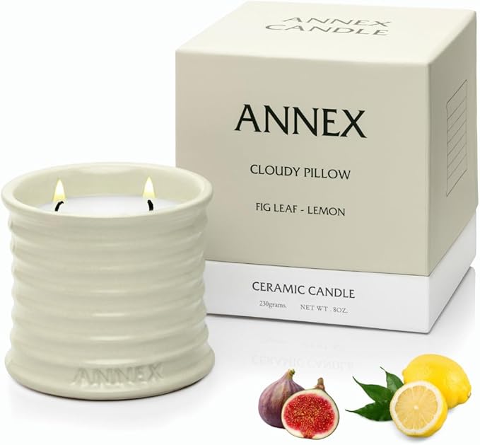 Annex Fig Leaf & Lemon Luxury Scented Candle - 8oz Handmade Beige Ceramic Jar Candle - 50hr Clean Burn, 100% Non-Toxic Soy Wax, Home Fragrance, Aesthetic Decor Gift for Men Women - Amber & Sandalwood