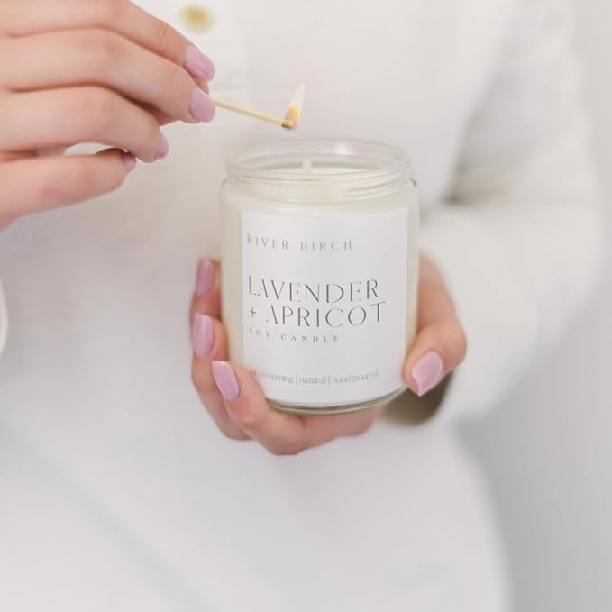 River Birch Candles Lavender + Apricot Scented Candle | Premium, All-Natural, Non-Toxic, Soy Wax | 8.5oz 40 Hr Burn Time | Cozy Relaxing Gifts for Home