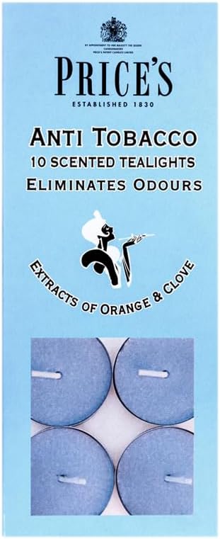 Price's - Anti-Tobacco Tealights - 10 Pack - Odour Eliminating Tealights - Made with Orange and Clove Extracts - Clean, Fresh, Quality Fragrance - Long Lasting Scent