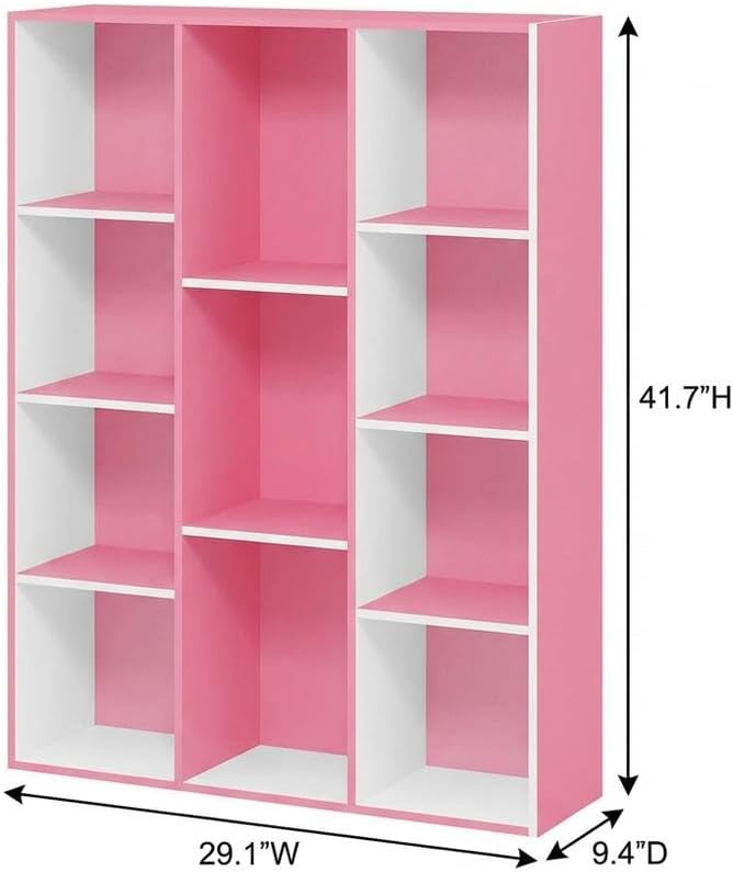 Furnifact White Pink 11-Cube Reversible Open Shelf Bookcase, Multi-Functional Storage Solution, Durable Wood Construction, Modern Design