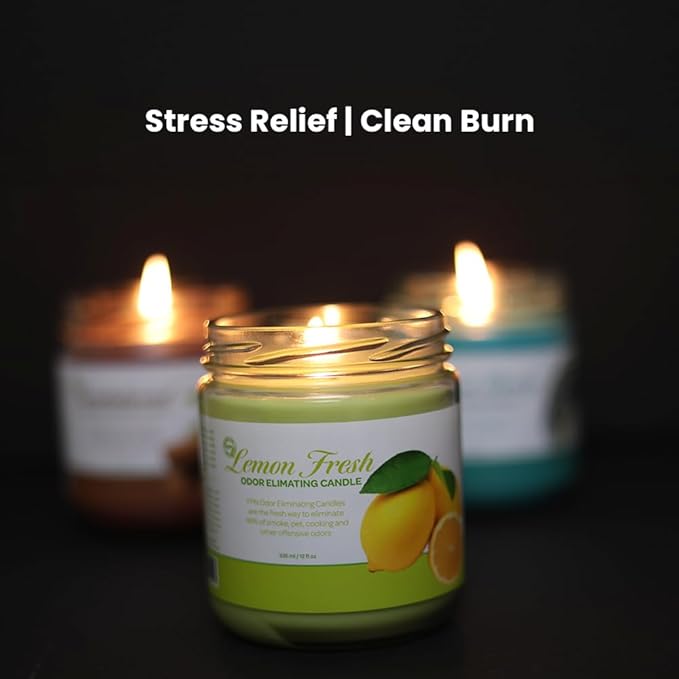 Odor Eliminating Candle Set - Pack of 2 (12oz) | 90-Hour Burn Time | Premium Soy Wax Candles | Neutralizes 99% Pet, Kitchen, & Smoke Odors | Eco-Friendly & Long-Lasting (Lemon Fresh)