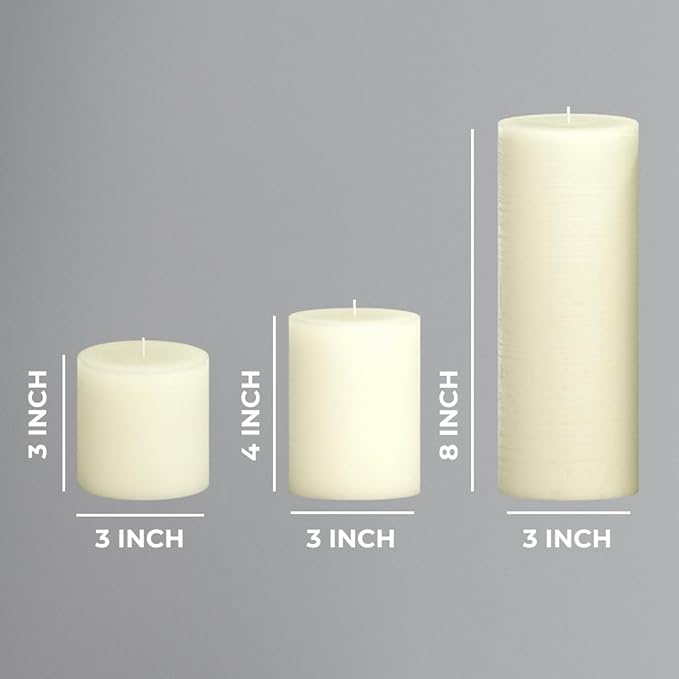 CANDWAX Assorted Pillar Candles Set of 3 – Sizes 3", 4", 8" Unscented Dripless Large Candles, Rustic Style Long Burning for Weddings, Home Decor – Ivory