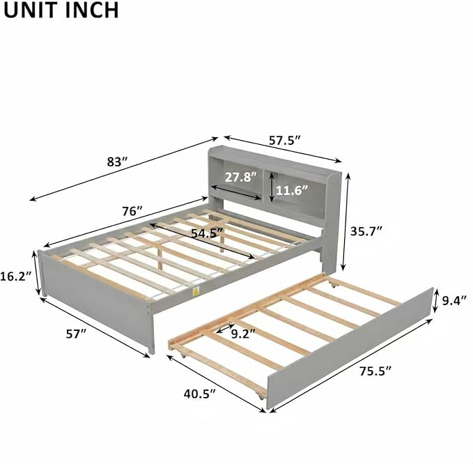 Harper & Bright Designs Full Size Bed Frame with Trundle, Full Size Platform Bed with Twin Trundle Under, Grey