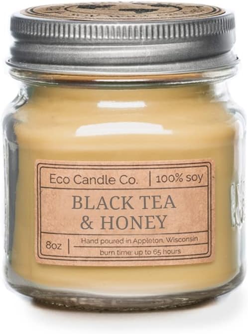 ECO CANDLE CO. Mason Jar Candle, Black Tea & Honey, 8 oz. - Scents of Spicy Tea, Nutmeg, Honey, & Orange - 100% Soy Wax, No Lead, Kraft Label & Antiqued Pewter Lid, Hand Poured, Midwest Soybeans
