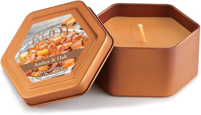 Root Candles Scented Candles in Travel Tin 24-Hour Honeycomb Traveler Handcrafted Beeswax Blend Candle, 4-Ounce, Amber & Oak