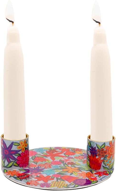 Yair Emanuel Flat Plate Candle Holders for Shabbat 4 Inch Vibrant Pattern Design Modern Judaica Gift (CSE-2 Flowers)