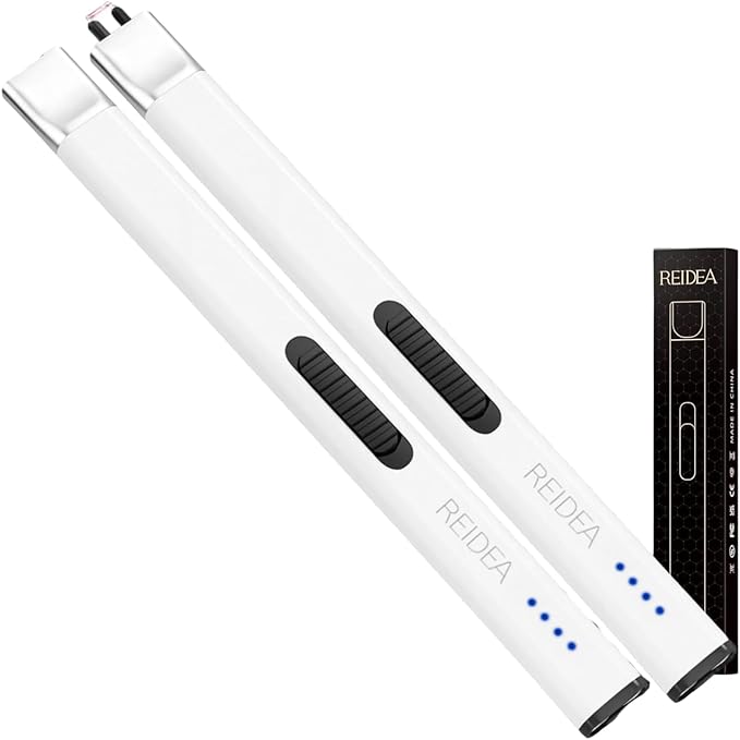 REIDEA Lighters 2 Pack R1 Flat Electronic Candle Lighter, Windproof Flameless USB Rechargeable Arc Lighter with Safe Button and Power Indicator for Candle, BBQ and Fireworks, White