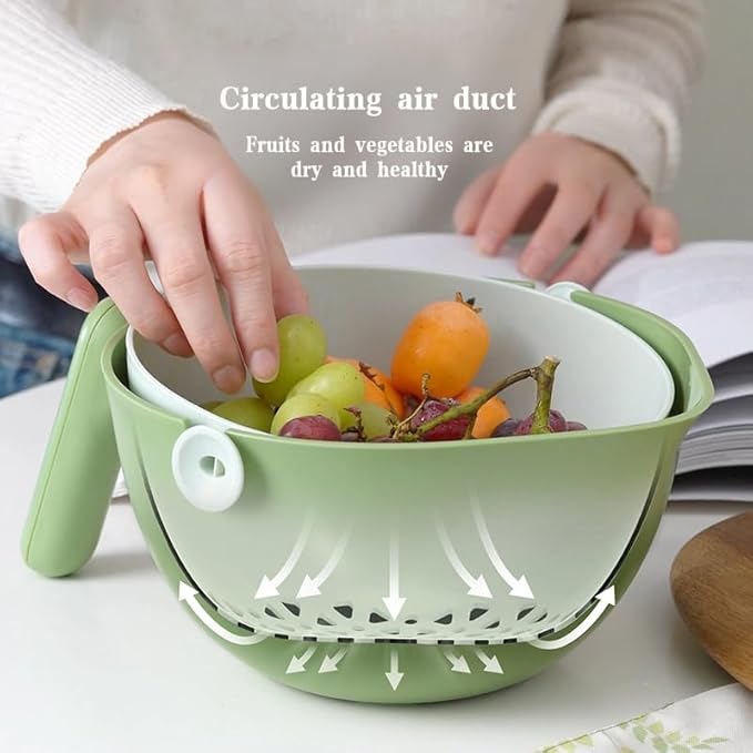 2-1 Kitchen Colander Rotating Washing Basket with Handle - Pasta Strainer - Fruit Washing Bowl with Strainer - Fruit Rinser Container (Avocado Green)