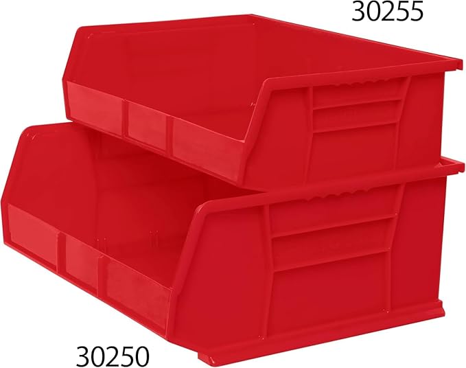 Akro-Mils 30255 AkroBins Plastic Storage Bins, Space-Saving Stackable Bins for Garage, Pantry, Craft Organization, 11" x 16" x 5", Red, 6-Pack