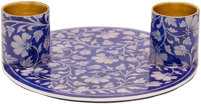Yair Emanuel Flat Plate Candle Holders for Shabbat 4 Inch Vibrant Pattern Design Modern Judaica Gift (CSE-6 Blue Pottery)