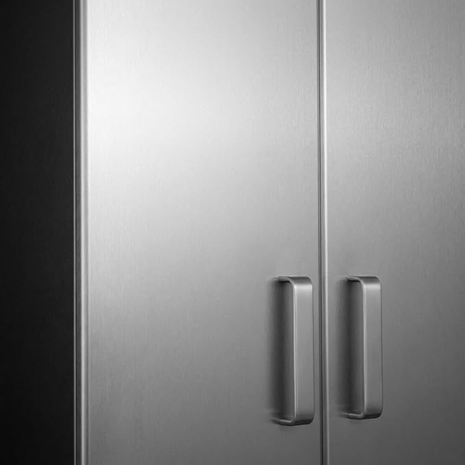 Furnifact Black Metal Two Door Overhead Cabinet with Silver Metallic Fronts, Heavy Duty Steel Wall Mount Storage for Garage Office Workshop