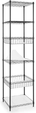 Fencer Wire NSF 6 Tier Wire Shelving Unit w/Baskets & Liner, Storage Rack Kitchen, Bathroom, Laundry Closet, Wire Shelving Basket Shelves, Storage Rack Corner Shelves, Black