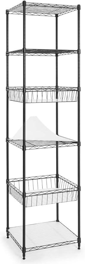 Fencer Wire NSF 6 Tier Wire Shelving Unit w/Baskets & Liner, Storage Rack Kitchen, Bathroom, Laundry Closet, Wire Shelving Basket Shelves, Storage Rack Corner Shelves, Black