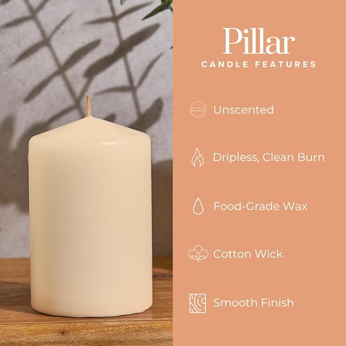 Simply Soson 3x4 inch Ivory Pillar Candles, Ivory Candles, Set of 6 Bulk 3x4, Emergency Candles, Tall Candles, Wax Candle, Unscented Candle Pack, Cone Tip Pillar