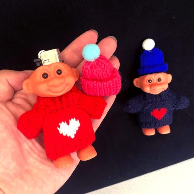 2 Pack Cute Troll Dolls Lighter Case Holder Silicone Funny Mini Dolls Lighter Pouch Sleeve with Sweater &Hat for Regular Lighter (Lighter not Included) (Dark Blue & red)
