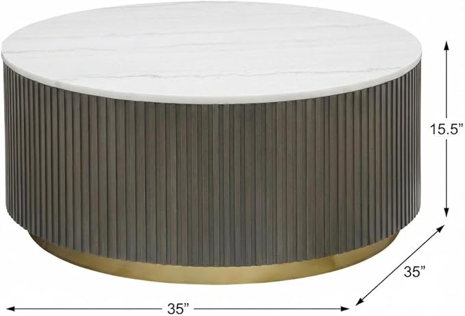 Furnifact White and Charcoal Round Coffee Table Jason Marble Top Contemporary Design Durable Wood Finish Stylish Living Room Accent