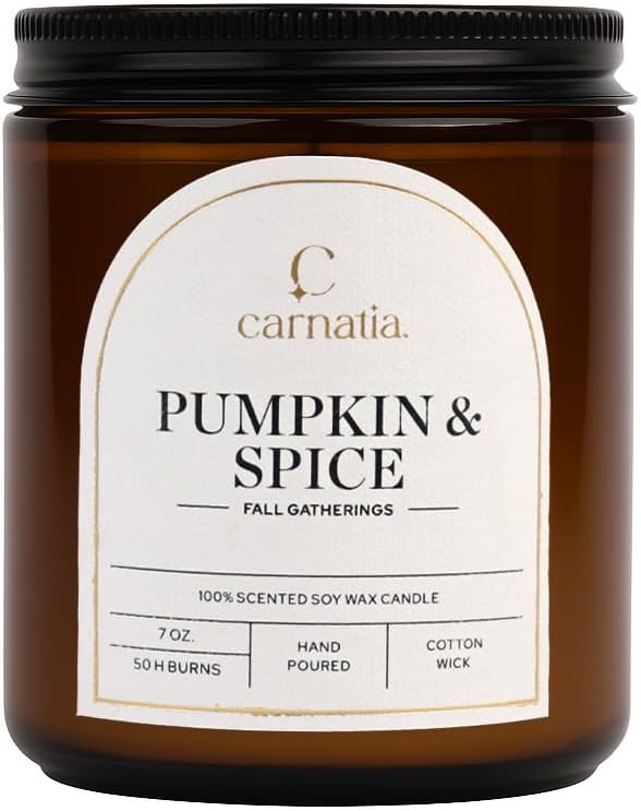 Carnatia Pumpkin & Spice Scented Candle – 7 oz | 100% Soy Wax with Cotton Wick | 50 Hour Burn | Aromatherapy Candle for Home, Cozy Fall Ambience & Relaxation | Gift for Women & Men